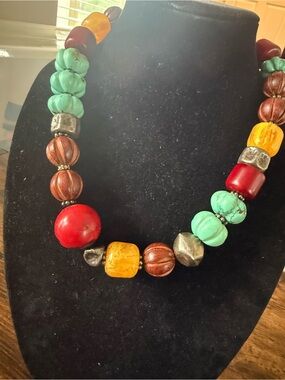 Vintage Tribal Sterling silver, turquoise bamboo coral and amber necklace